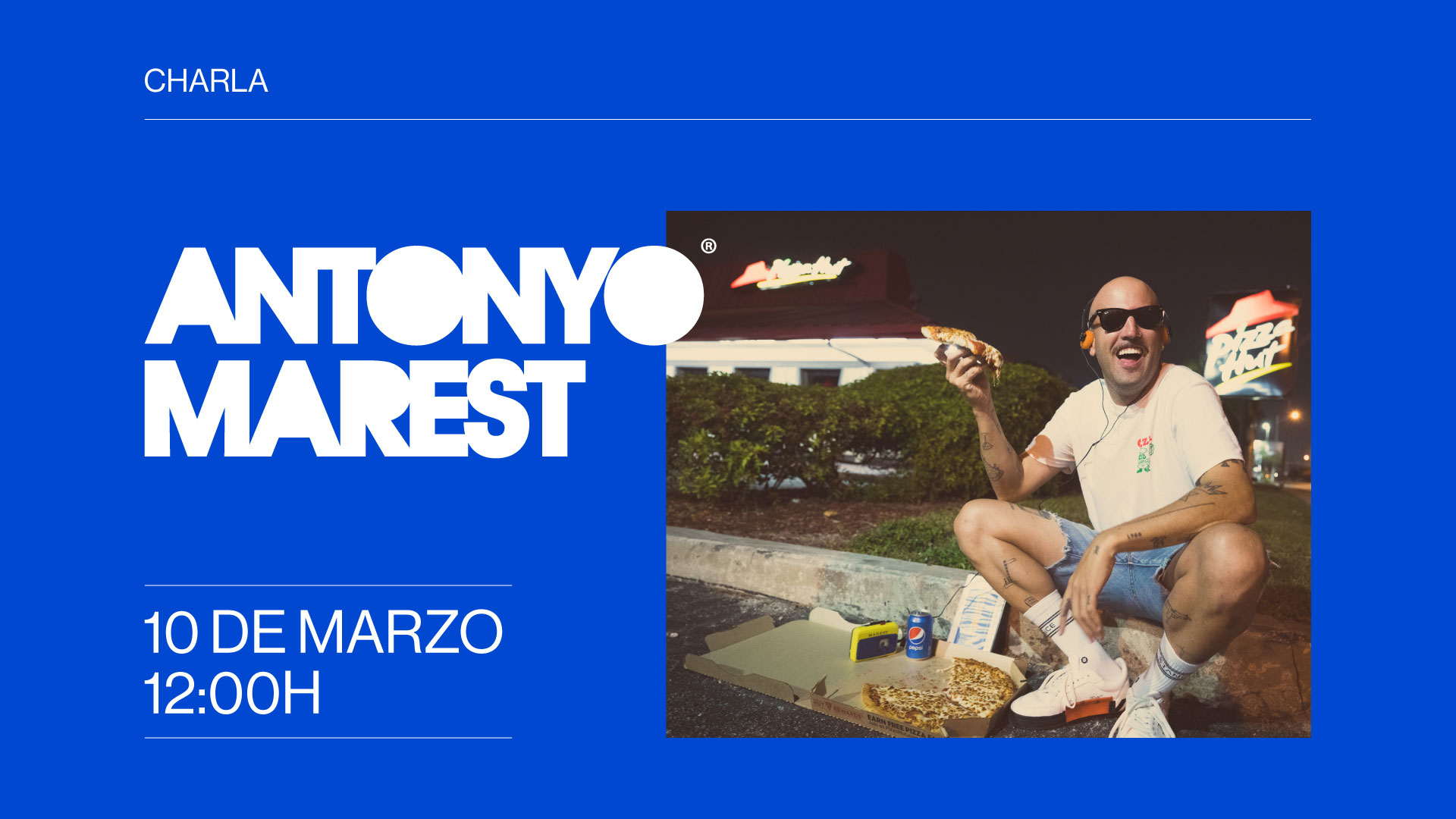 Imagen que anuncia una charla de Antonyo Marest en la EASDO. Incluye una fotografía del artista e información sobre el día y la hora: 10 de marzo a las 12:00H en la escuela de Arte y Superior de Diseño de Orihuela